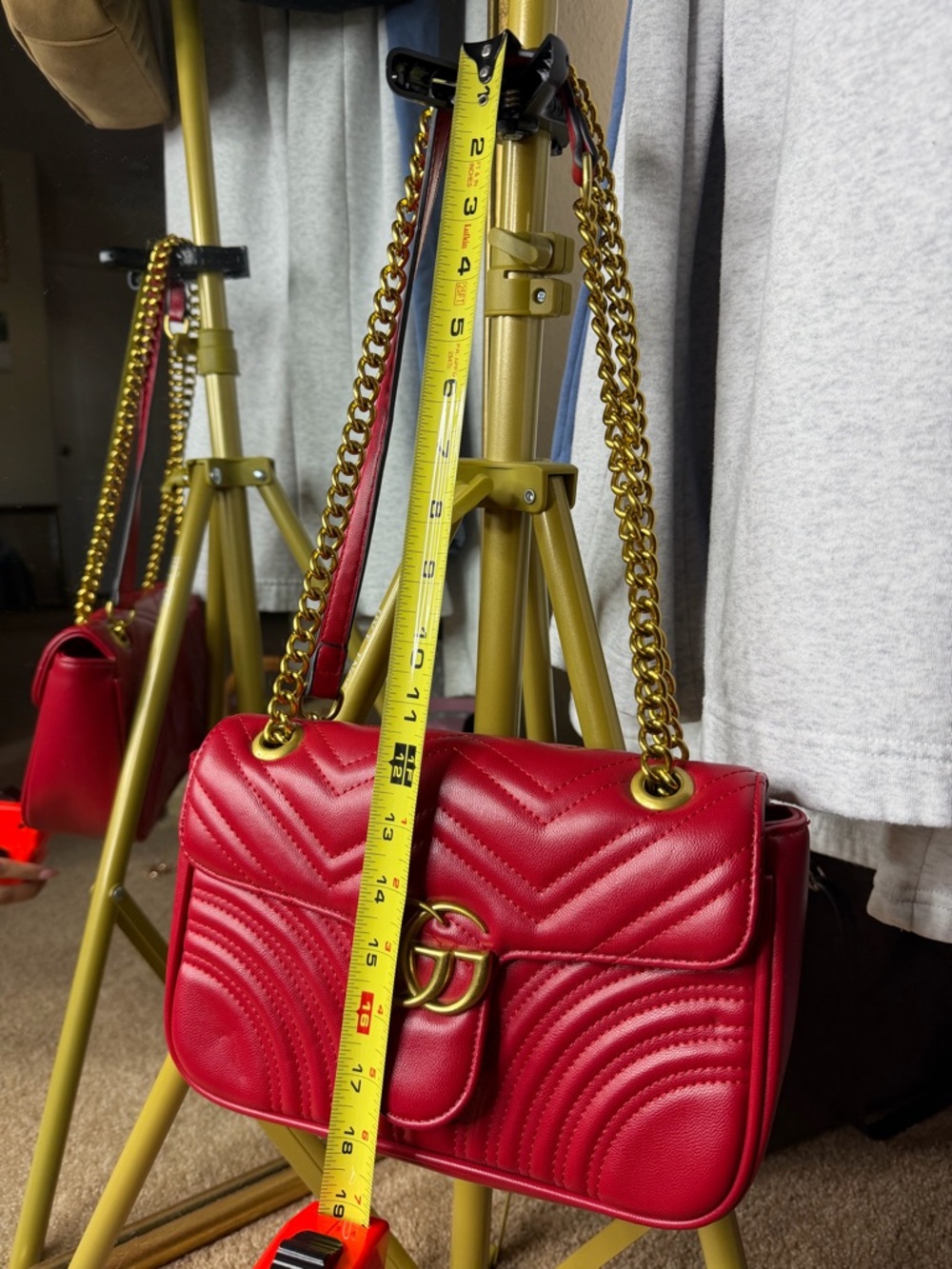 Red Quilted GG Style Gold Chain Shoulder Bag Chevron Heart Detail ❤️✨ - Picture 13 of 13